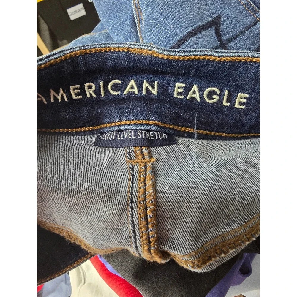 American Eagle Next Level Stretch Denim Mini Skirt Dark Wash Raw Hem Size 6
